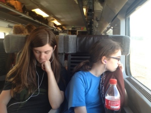 Holly & Katie on the way to Paris.  Riding on the Eurostar.